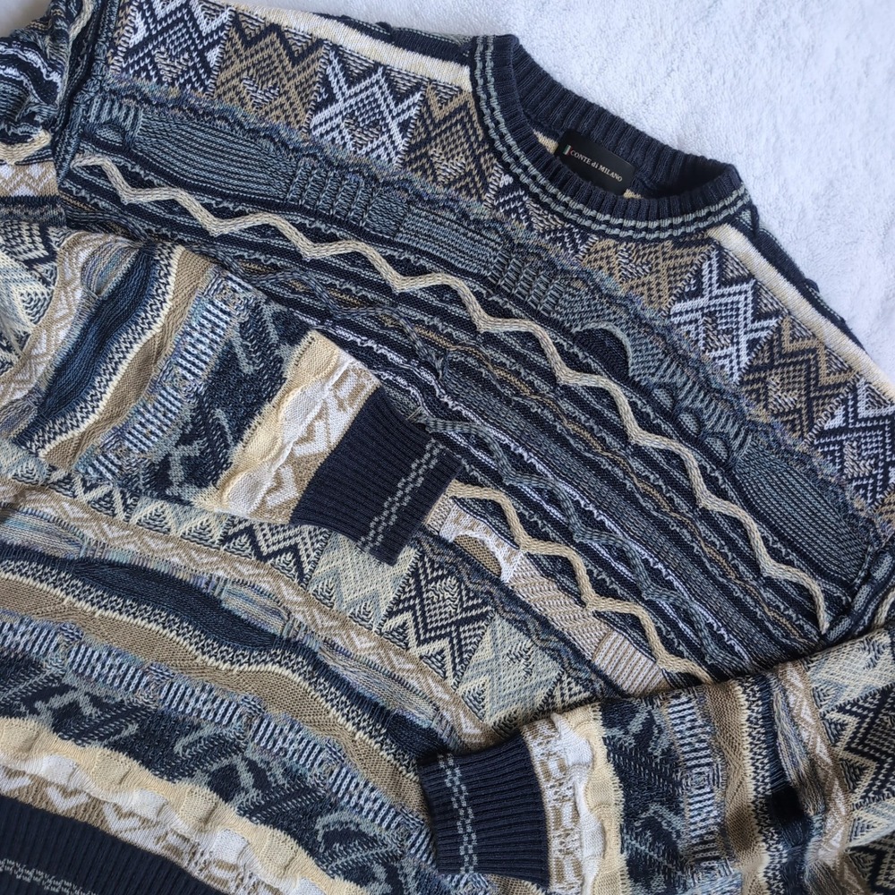 Vtg Conte di Milano Sweater Men Large 3D Textured Knit Geometric Coogi Style 90s